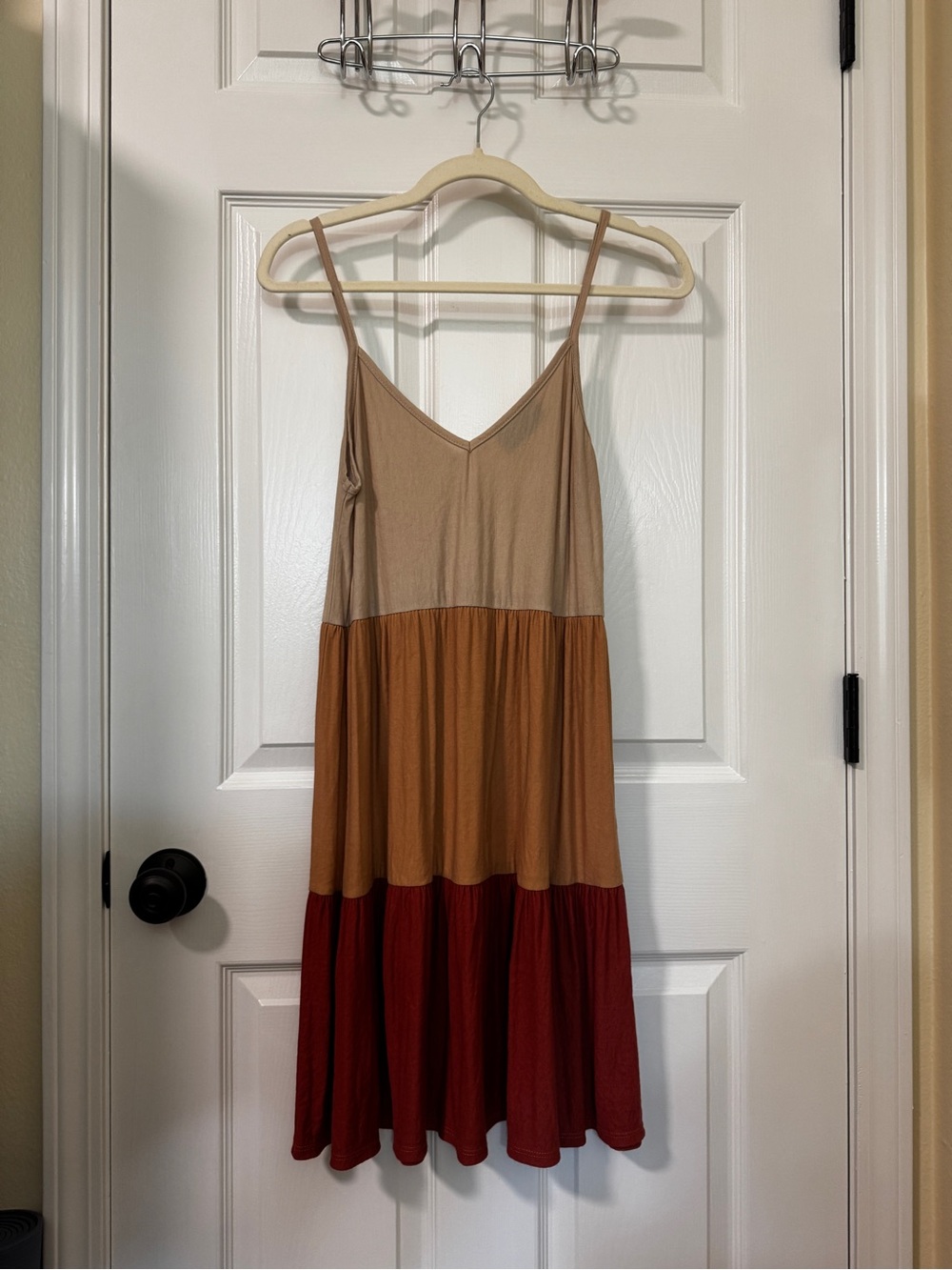 Tiered Spaghetti Strap Dress in Beige, Tan & Red Brown